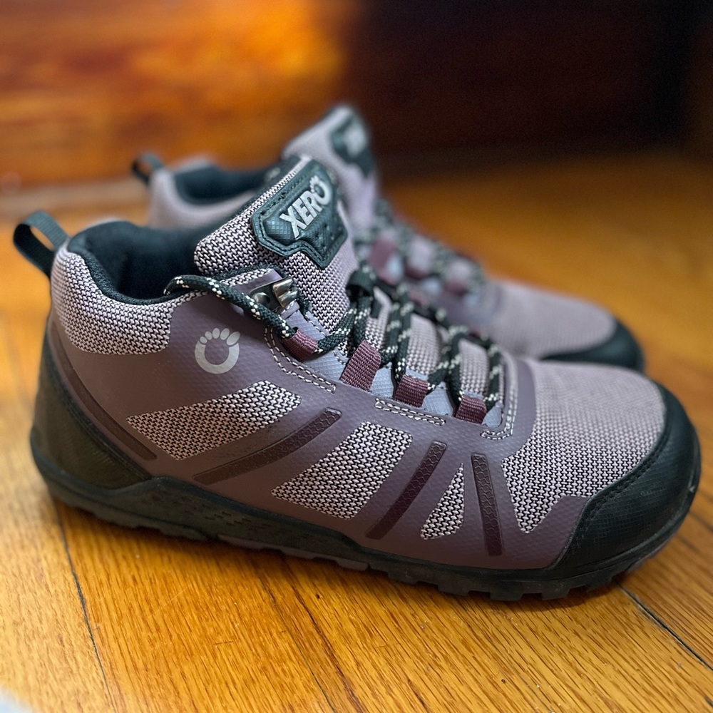 Maroon zero-drop barefoot hiking boots (Xero Shoes)